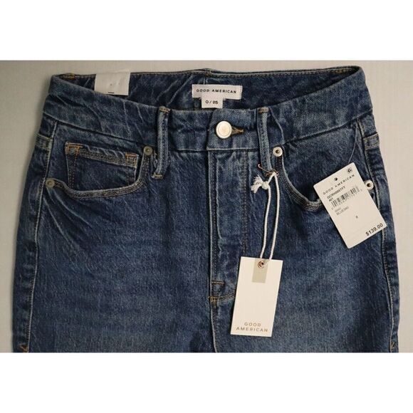 Good American Women Sz 0/25 Blue Good Classic Raw Hem High Waist Slim Jeans $139 - Picture 3 of 7